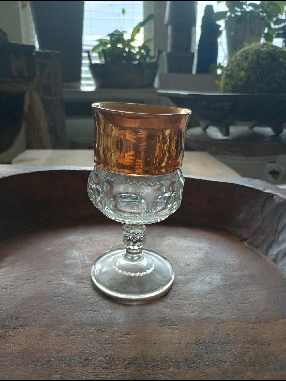 Vintage Indiana Glass Kings Crown Gold Rimmed Flashing Thumbprint Goblet 5 3/4"